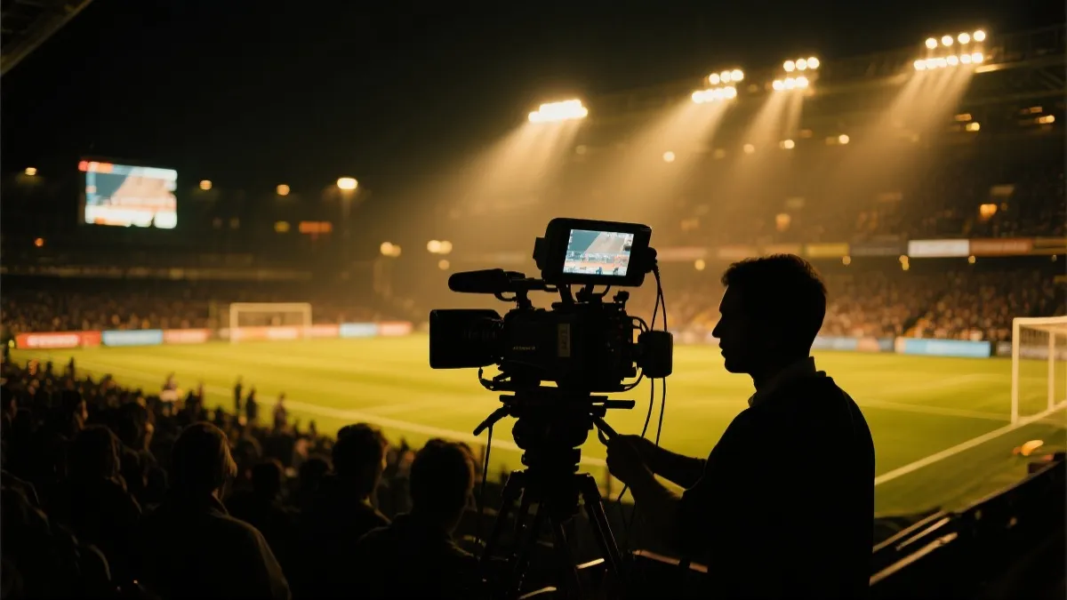 决赛夜的球场灯光与转播机位氛围示意