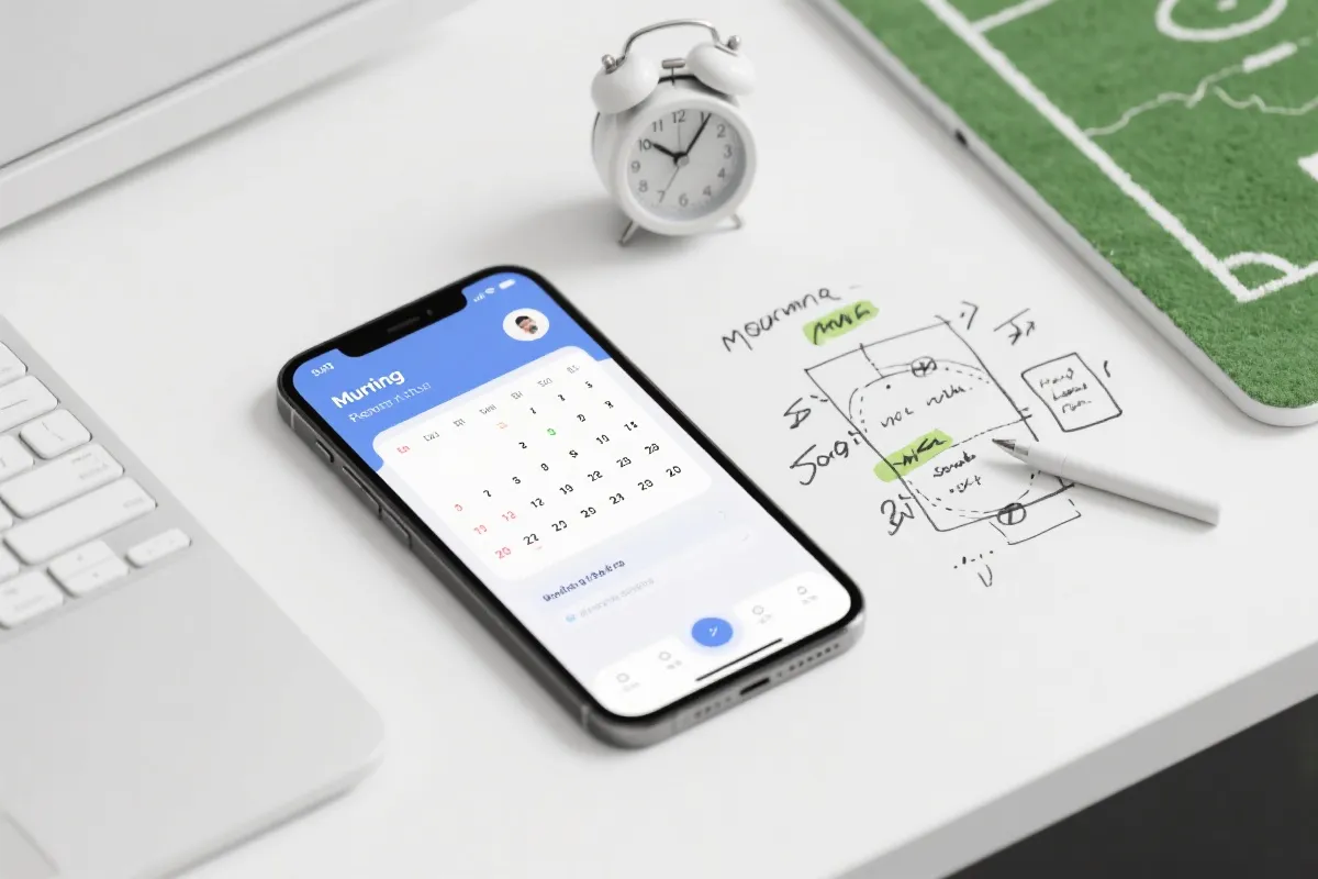 手机日历与闹钟应用的清晨提醒界面，旁边放着球赛战术板草图的氛围图